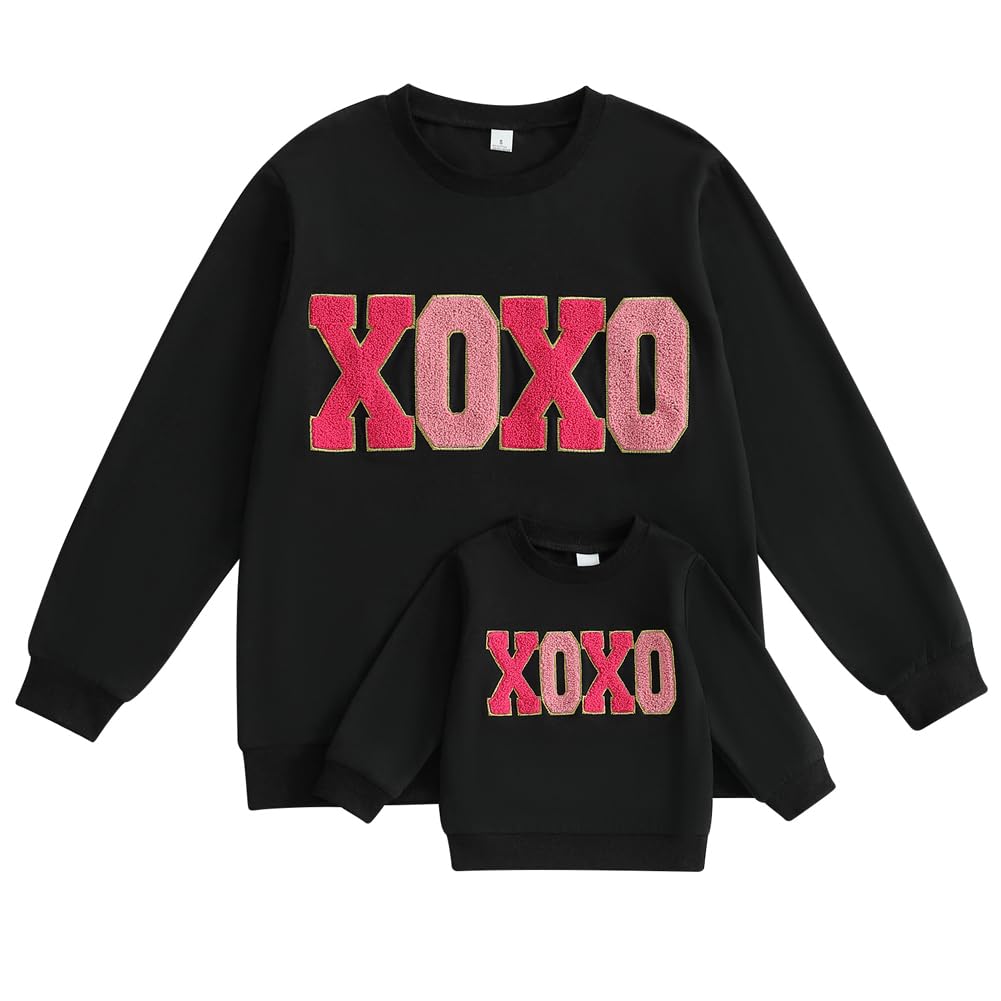 Family Matching Mommy and Me Valentine's Day Sweatshirt Long Sleeve Crewneck Embroidery Pullover Top