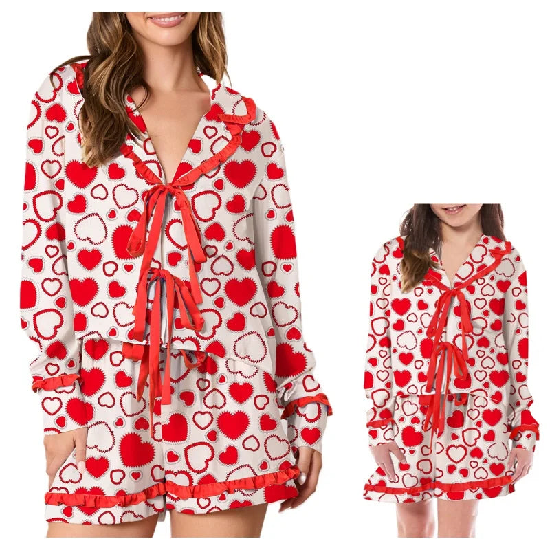 Mommy and Me Matching Pajamas Set Valentine Heart Print Open Tie