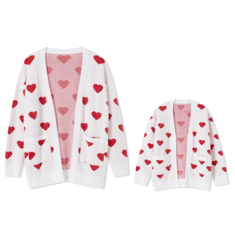 Mommy and Me Matching Outfits Heart Sweater Cardigan Valentines Day Clothes Button Long Sleeve Sweaters Outerwear