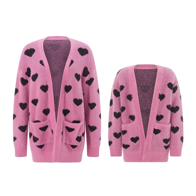 Mommy and Me Matching Outfits Heart Sweater Cardigan Valentines Day Clothes Button Long Sleeve Sweaters Outerwear