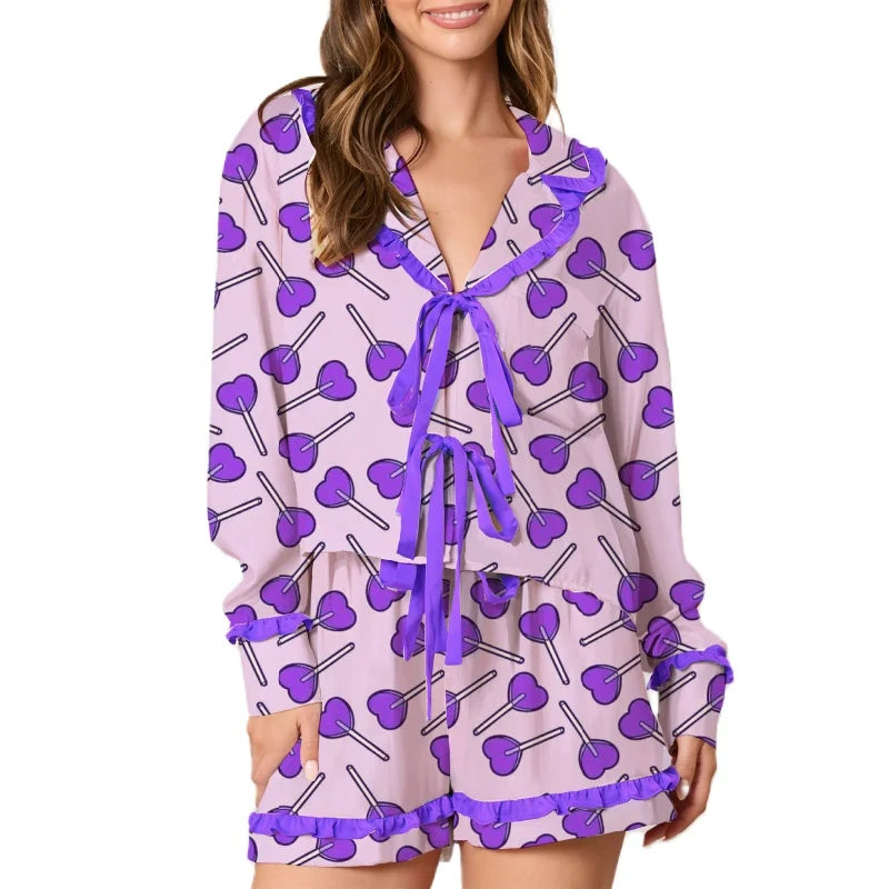 Mommy and Me Matching Pajamas Set Valentine Heart Print Open Tie