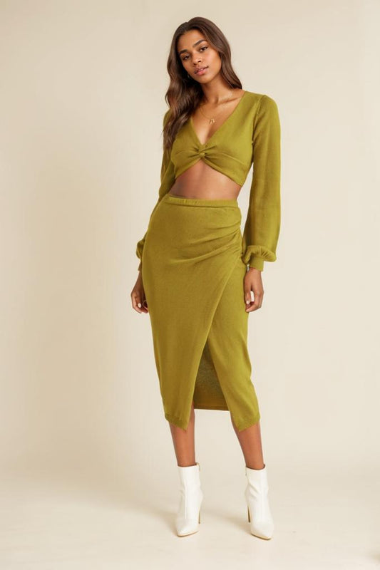 MABLE Front Twisted Knit Top and Midi Skirt Set