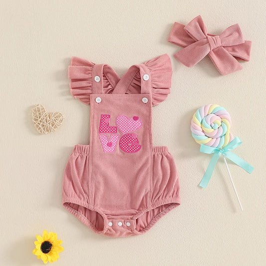 Baby Girl Heart Corduroy Overalls Romper 2 Pcs Set