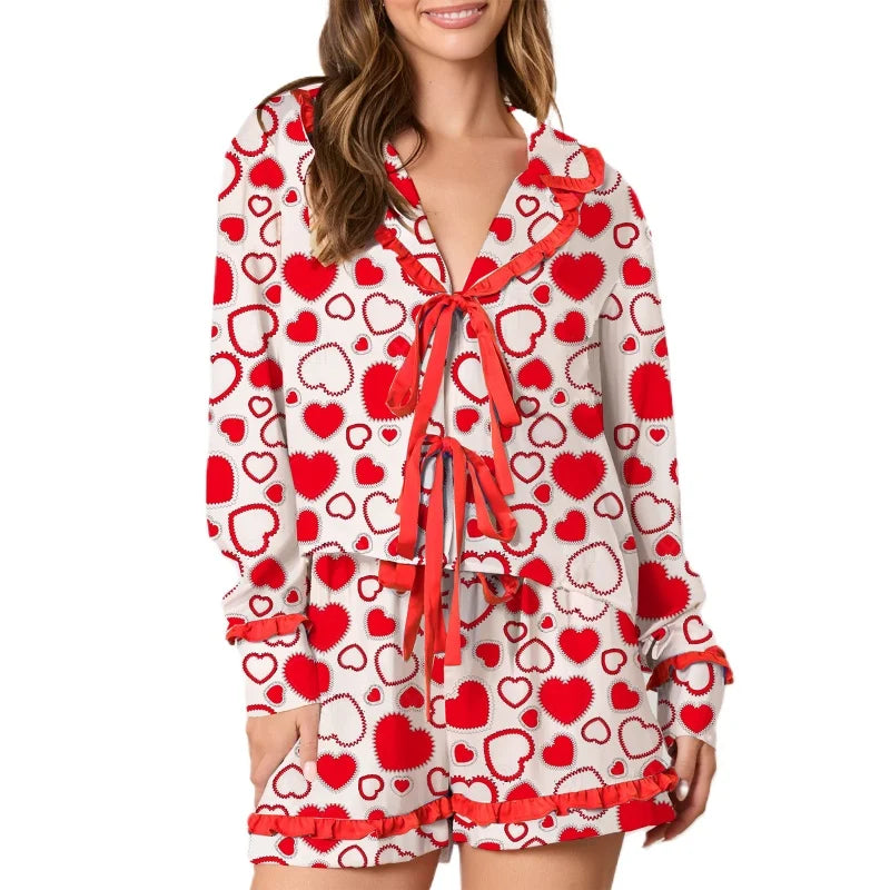 Mommy and Me Matching Pajamas Set Valentine Heart Print  Open Tie