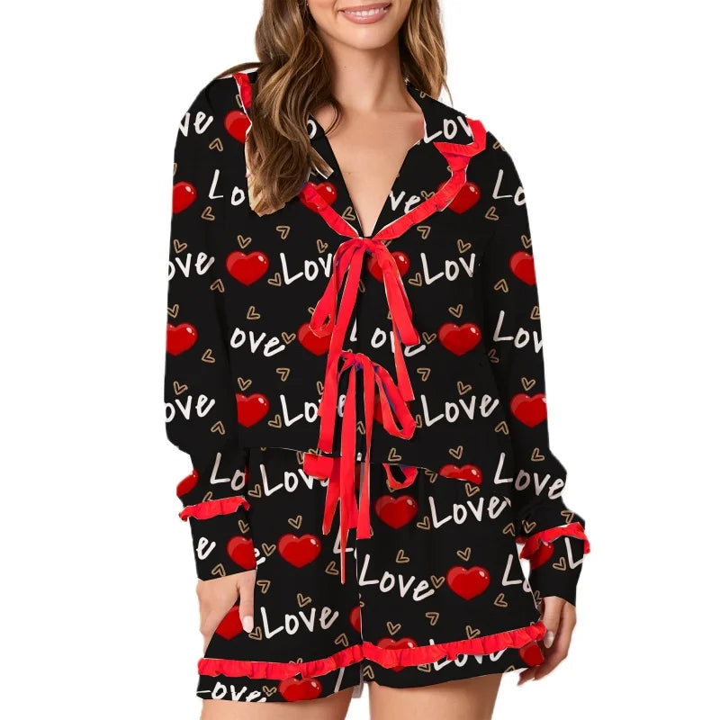 Mommy and Me Matching Pajamas Set Valentine Heart Print  Open Tie
