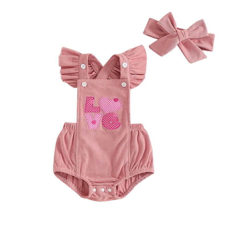 Baby Girl Heart Corduroy Overalls Romper 2 Pcs Set